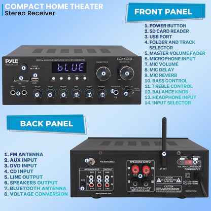 Amplificador Estéreo con Bluetooth Sonido HiFi 300W Panel Metálico