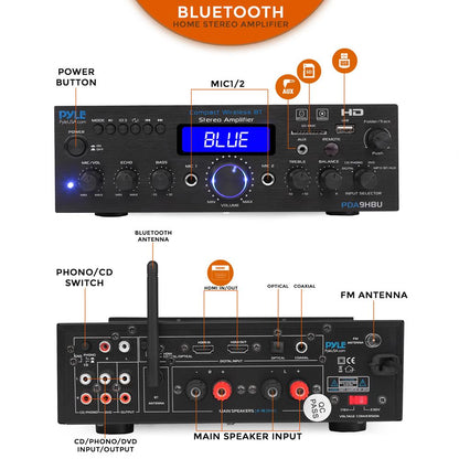 Amplificador estéreo inalámbrico de 200 W con Bluetooth, HDMI, radio FM y pantalla LCD