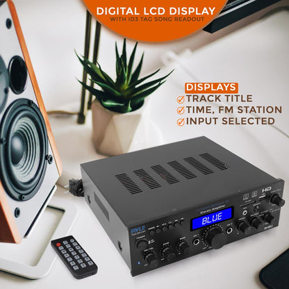Amplificador estéreo inalámbrico de 200 W con Bluetooth, HDMI, radio FM y pantalla LCD