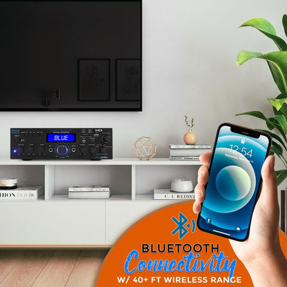 Amplificador estéreo inalámbrico de 200 W con Bluetooth, HDMI, radio FM y pantalla LCD