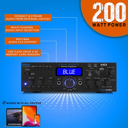 Amplificador estéreo inalámbrico de 200 W con Bluetooth, HDMI, radio FM y pantalla LCD