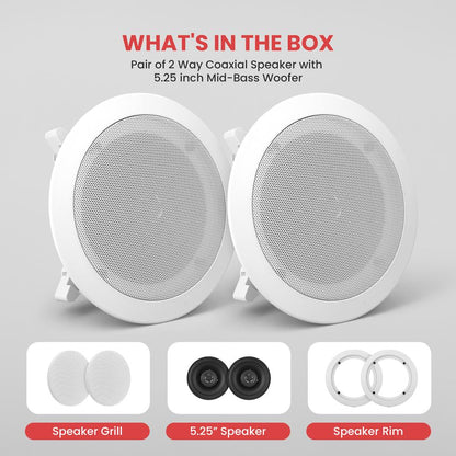 5.25 Ceiling Speakers Pair 2-Way Stereo Flush Mount 150W White