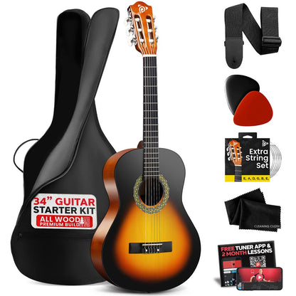 Kit de guitarra acústica para principiantes, 34, Sunburst, de madera, para niños/adultos