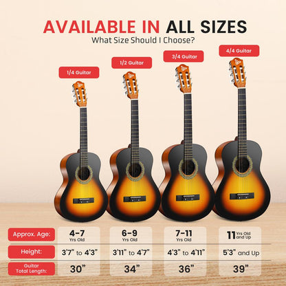 Kit de guitarra acústica para principiantes, 34, Sunburst, de madera, para niños/adultos