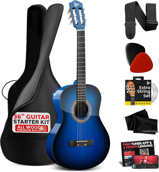 Beginner Acoustic Guitar Kit 3/4 Size Nylon Strings Blue Burst