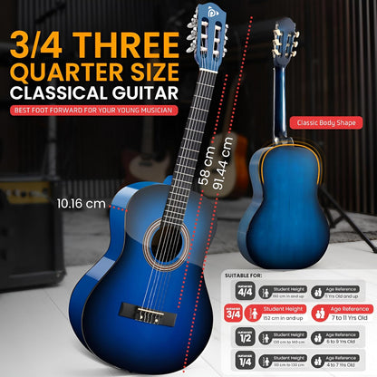 Kit de guitarra acústica para principiantes, tamaño 3/4, cuerdas de nailon, azul ráfaga