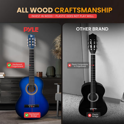 Kit de guitarra acústica para principiantes, tamaño 3/4, cuerdas de nailon, azul ráfaga