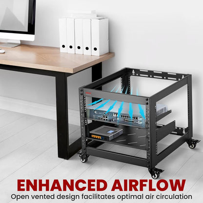 10U Open Frame Server Rack - Heavy-Duty Steel Lockable Wheels 440 lbs Capacity