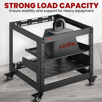 10U Open Frame Server Rack - Heavy-Duty Steel Lockable Wheels 440 lbs Capacity