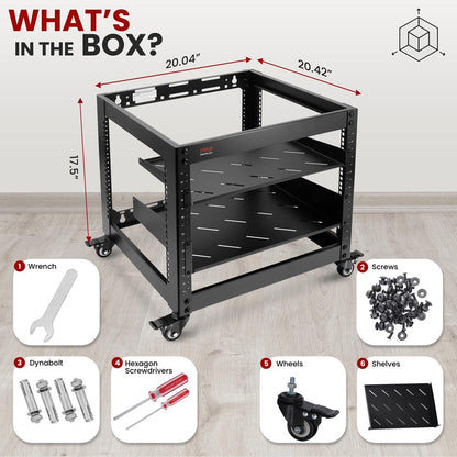 10U Open Frame Server Rack - Heavy-Duty Steel Lockable Wheels 440 lbs Capacity