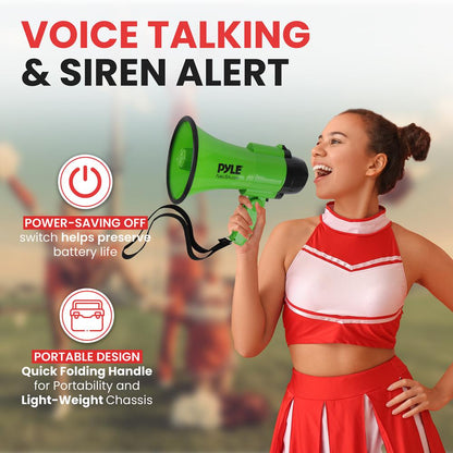 Megáfono compacto con sirena 30W de potencia, asa plegable, verde