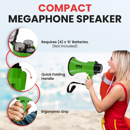 Megáfono compacto con sirena 30W de potencia, asa plegable, verde