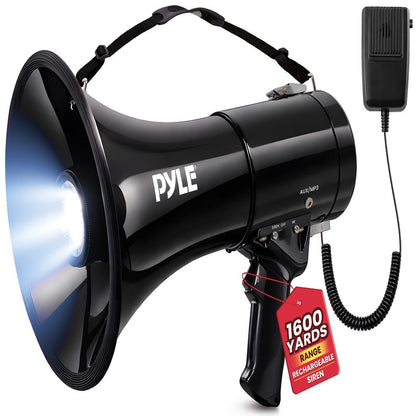 Altavoz megáfono PA portátil de 50 W recargable con luces LED y alarma de sirena