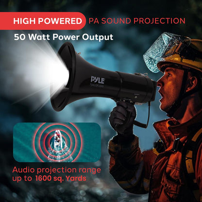 Altavoz megáfono PA portátil de 50 W recargable con luces LED y alarma de sirena