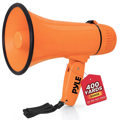 Megáfono con sirena 20W, alcance de 365 metros, entrada auxiliar, naranja
