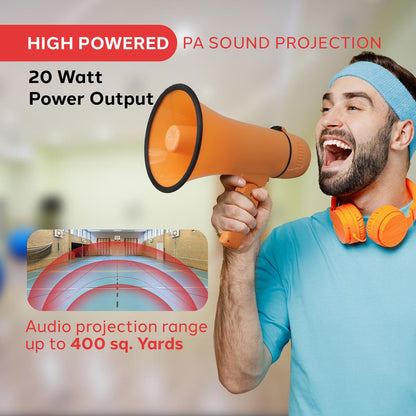 Megáfono con sirena 20W, alcance de 365 metros, entrada auxiliar, naranja