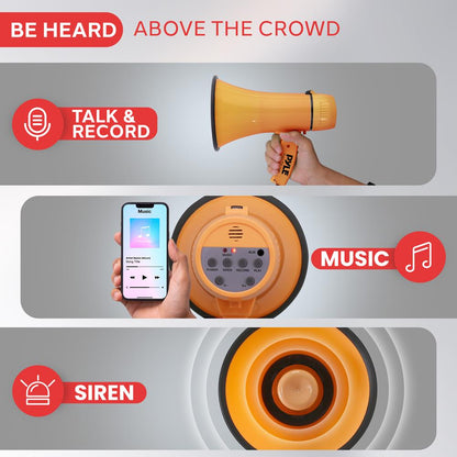 Megáfono con sirena 20W, alcance de 365 metros, entrada auxiliar, naranja