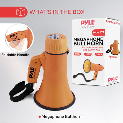 Megáfono con sirena 20W, alcance de 365 metros, entrada auxiliar, naranja