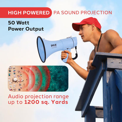 Megáfono de 50W - Proyección de sonido fuerte con entrada auxiliar, color azul