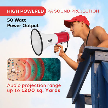 Megáfono de 50W con Sirena Potente Entrada Auxiliar Blanco-Rojo