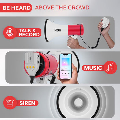 Megáfono de 50W con Sirena Potente Entrada Auxiliar Blanco-Rojo