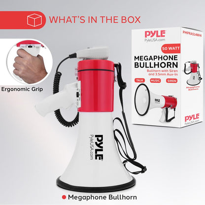 Megáfono de 50W con Sirena Potente Entrada Auxiliar Blanco-Rojo