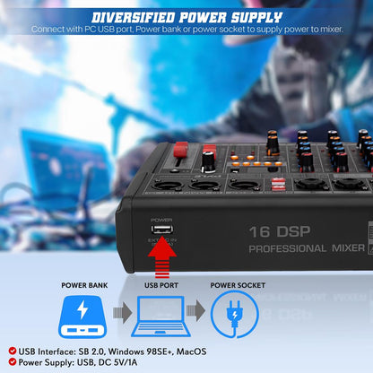 Mezclador de audio para DJ de 3 canales - 16 efectos DSP Interfaz USB Alimentación Phantom