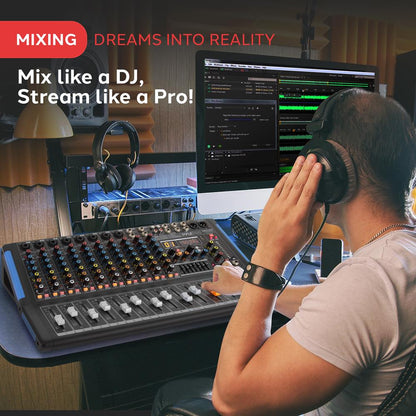 12-Channel Bluetooth Studio Mixer - USB Recording 7-Band EQ 48V Power