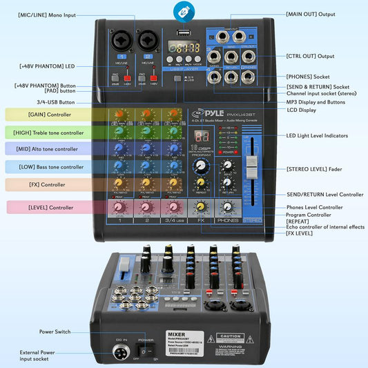 4-Channel Bluetooth Studio Mixer - USB FX 48V Phantom Power