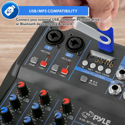 Mezclador de estudio Bluetooth de 4 canales - USB FX Alimentación fantasma de 48 V