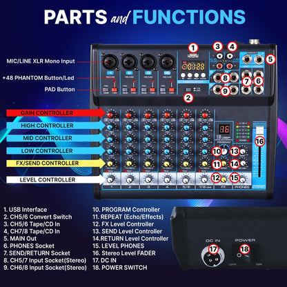 8-Channel Bluetooth Studio Mixer - USB DSP Phantom Power DJ/Studio Use