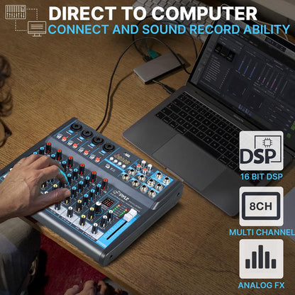 8-Channel Bluetooth Studio Mixer - USB DSP Phantom Power DJ/Studio Use