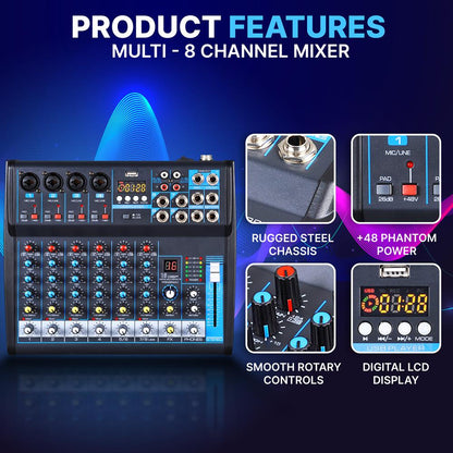 8-Channel Bluetooth Studio Mixer - USB DSP Phantom Power DJ/Studio Use