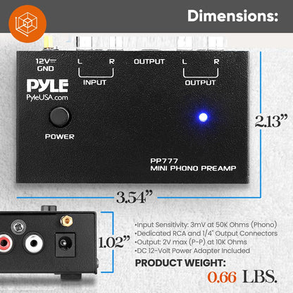 Mini Phono Turntable Preamp - Low Noise RCA Input/Output 12V Adapter