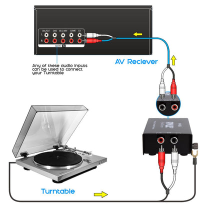 Mini preamplificador de fono para tocadiscos - Entrada/salida RCA de bajo ruido, carcasa metálica