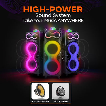 Altavoz Bluetooth para Fiestas 240W Bajos Potentes Doble Altavoz de 10 pulgadas Luces LED