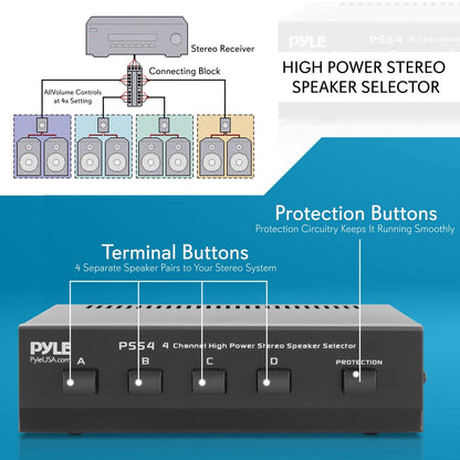 4-Zone Speaker Switch Selector 4 Pairs 100W 8 Ohm Protection Circuitry