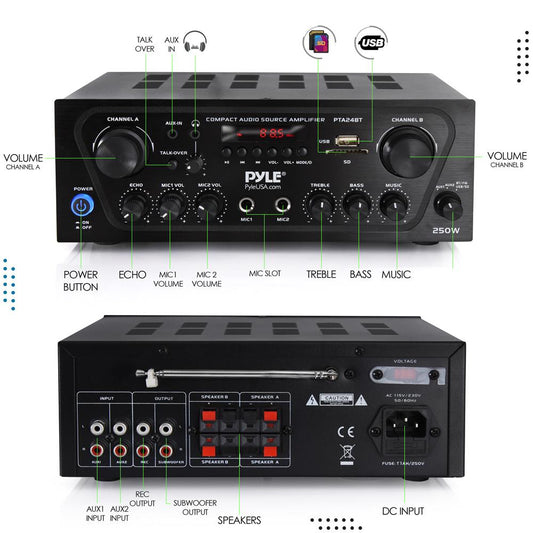 2-Channel Bluetooth Home Amplifier 250W Compact with Mic Input