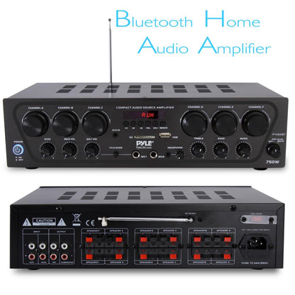Amplificador Estéreo Inalámbrico de 6 Canales, 750W con Bluetooth, USB/AUX