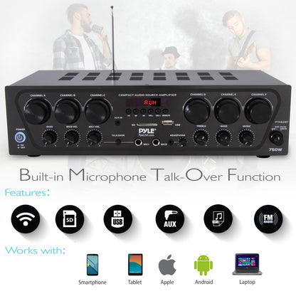 Amplificador Estéreo Inalámbrico de 6 Canales, 750W con Bluetooth, USB/AUX